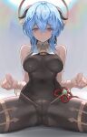  1girl bangs bare_shoulders bell blue_hair blurry blurry_background bodystocking bodysuit bodysuit_under_clothes bow breasts breasts_apart brown_bodysuit brown_leotard brown_pantyhose cameltoe chinese_knot covered_navel cowbell crossed_bangs detached_collar ganyu_(genshin_impact) genshin_impact goat_horns ha-mong hair_between_eyes hair_bow halo highres holding holding_string horns leotard long_hair medium_breasts neck_bell paid_reward_available pantyhose raised_eyebrows shiny shiny_clothes sitting solo spread_legs string thighs twitter_username vision_(genshin_impact) 