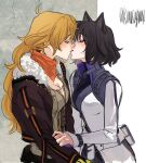  2girls animal_ears black_hair blake_belladonna blonde_hair blush breasts cleavage closed_eyes highres licking_lips long_hair multiple_girls naizo_(kimosugimasu) rwby short_hair tongue tongue_out yang_xiao_long yuri 