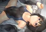  1girl amagami bangs black_hair black_jacket black_one-piece_swimsuit blazer breasts brown_eyes cleavage commentary_request competition_swimsuit covered_navel cowboy_shot highres jacket lying medium_breasts nanasaki_ai on_back one-piece_swimsuit open_clothes open_jacket sasagawa_(haikaiki) short_hair solo spread_legs swimsuit two-tone_swimsuit 
