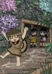  3girls :d =_= ^_^ antennae arthropod_girl barefoot bee_girl black_hair brown_hair closed_eyes flower kishimen_udn long_hair minigirl multiple_girls original outdoors personification rain school_uniform serafuku smile snail_girl 