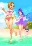  4girls :d bare_arms bare_legs barefoot bikini black_bikini blonde_hair blue_eyes blue_hair blue_sky brown_eyes brown_hair cloud collarbone collared_shirt colored_inner_hair day dress dress_shirt flower futari_wa_precure_splash_star hand_on_hip highres holding_another&#039;s_wrist hyuuga_saki jj_(ssspulse) kiryuu_kaoru kiryuu_michiru long_hair mishou_mai multicolored_hair multiple_girls navel open_clothes open_shirt outdoors pink_bikini pink_shirt precure profile purple_dress purple_eyes purple_hair red_eyes red_hair ribbon running sailor_collar sailor_shirt shiny shiny_hair shirt short_dress short_hair short_sleeves side-tie_bikini_bottom sky smile soaking_feet sports_bikini standing straight_hair sunflower swimsuit thigh_gap tied_shirt very_long_hair wet wet_clothes wet_shirt white_sailor_collar yellow_flower yellow_ribbon 