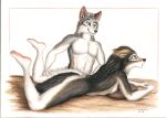  anthro brown_eyes canid canine canis duo female hi_res lying male male/female mammal nude petting pillow plantigrade simle simple_background stroking surprise syntech traditional_media_(artwork) wolf 