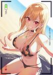  1girl absurdres bangs bare_shoulders beach bikini black_bikini black_choker blonde_hair blurry blurry_background blush breasts choker cleavage collarbone commentary cowboy_shot dutch_angle ear_piercing earrings floral_print gradient_hair grin gyaru hair_between_eyes halterneck highres jewelry kitagawa_marin large_breasts long_hair looking_at_viewer multicolored_hair nail_polish navel necklace niji_(user_gaxk2333) o-ring o-ring_bikini o-ring_top ocean outdoors panties phone_screen piercing pink_hair print_bikini red_eyes red_nails selfie side-tie_panties sidelocks smile solo sono_bisque_doll_wa_koi_wo_suru standing stomach swept_bangs swimsuit thighs underwear v viewfinder 