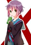  1girl ariazi bangs blue_sailor_collar blue_skirt brown_cardigan cardigan commentary_request drink drinking drinking_straw_in_mouth highres holding holding_drink juice_box kita_high_school_uniform long_sleeves looking_at_viewer nagato_yuki open_cardigan open_clothes purple_hair red_ribbon ribbon sailor_collar school_uniform serafuku short_hair skirt solo suzumiya_haruhi_no_yuuutsu upper_body yellow_eyes 