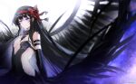  1girl absurdres akemi_homura arm_strap black_dress black_gloves black_hair black_wings bow bow_hairband breasts cleavage closed_mouth dichlorvos dress elbow_gloves feathered_wings floating_hair gloves hair_bow hairband highres long_hair mahou_shoujo_madoka_magica purple_eyes red_bow red_hairband shiny shiny_hair small_breasts solo standing strapless strapless_dress very_long_hair wings 