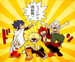  4boys amajiki_tamaki arms_up black_hair black_mask blonde_hair blush boku_no_hero_academia boots cape child clenched_hand closed_eyes closed_mouth commentary_request dragon_ball dragon_ball_z dress eri_(boku_no_hero_academia) eye_mask fat_gum_(boku_no_hero_academia) female_child full_body ginyu_force_pose gloves green_pants grey_hair grin hair_between_eyes highres hood hood_down hooded_jacket jacket kirishima_eijirou knee_pads long_hair long_sleeves looking_at_viewer monu multiple_boys one_knee open_mouth orange_footwear pants parody pose red_dress red_eyes red_gloves red_hair short_hair smile spiked_hair standing sunburst sunburst_background tetsutetsu_tetsutetsu topless_male translation_request white_cape yellow_background yellow_jacket 