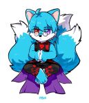  anthro asnnonaka black_clothing black_nose black_topwear blue_body blue_ears blue_fur blue_hair blue_tail bottomwear canid cheek_tuft clothed clothing dipstick_tail elbow_tuft eye_through_hair eyebrow_through_hair eyebrows eyewear facial_tuft front_view full-length_portrait fur glasses glistening glistening_eyes hair heterochromia male mammal markings mouth_closed pants pattern_bottomwear pattern_clothing pattern_pants pattern_topwear portrait purple_eyes red_eyes round_glasses short_hair signature simple_background solo tail_markings topwear translucent translucent_hair tuft white_background white_body white_fur white_tail 