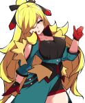  1girl blonde_hair breasts cynthia_(pokemon) gloves grey_eyes hair_over_one_eye highres large_breasts long_hair mituyota_76 official_alternate_costume pokemon pokemon_(game) pokemon_dppt pokemon_masters_ex red_gloves simple_background solo very_long_hair wavy_hair white_background 