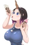  berotore black_hair blue_eyes breasts competition_swimsuit elma_(maidragon) food gradient_hair highres horns ice_cream ice_cream_cone kobayashi-san_chi_no_maidragon large_breasts multicolored_hair one-piece_swimsuit purple_hair single_horn swimsuit 