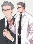  belt black_necktie black_pants black_suit formal glasses grey_eyes grey_hair hair_slicked_back highres holding holding_pointer kikakubonko labcoat long_sleeves male_focus mature_male necktie original pants parted_lips pointer simple_background standing suit 