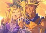  2boys :3 :d ^_^ absurdres atem black_hair blonde_hair brown_collar buckle closed_eyes closed_mouth collar double_v dress_shirt earrings hair_intakes hand_on_another&#039;s_shoulder highres jewelry long_hair looking_at_viewer millennium_puzzle multicolored_hair multiple_boys mutou_yuugi open_clothes open_vest orange_sky pink_shirt purple_shirt purple_vest red_eyes red_hair shirt sky smile spiked_hair tsubasa9638 v vest yu-gi-oh! yu-gi-oh!_duel_monsters 