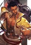  1boy alternate_hairstyle black_hair chinese_clothes cropped_jacket fighting_stance hungry_clicker jacket jamie_(street_fighter) long_hair long_sleeves male_focus open_clothes open_jacket smile solo street_fighter street_fighter_6 toned undercut upper_body yellow_jacket 