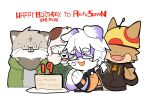  2019 3:2 anthro asnnonaka birthday_cake black_clothing black_nose black_topwear brown_body cake canid canine canis cheek_tuft clothed clothing dated dessert domestic_cat domestic_dog eyebrow_through_hair eyebrows eyes_closed facial_tuft fangs felid feline felis floppy_ears food front_view fur group hair happy head_tuft mammal open_mouth open_smile orange_clothing orange_topwear simple_background smile square_glasses tan_body topwear translucent translucent_hair tuft white_background white_body white_eyebrows white_fur white_hair 