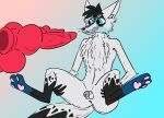  anthro black_body black_fur bodily_fluids canid canine chastity_(disambiguation) chastity_cage chastity_device cum fluffy fluffy_tail fox fur genital_fluids genitals group humanoid imminent_sex jexar male male/male mammal penis simple_background smile solo thirsty trio white_body white_fur wolfox_(artist) 
