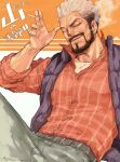  1boy achio888 beard belt blue_vest cigarette facial_hair golden_kamuy grey_hair grey_pants looking_at_viewer male_focus mature_male multicolored_hair mustache nihei_tetsuzou one_eye_closed orange_background pants red_shirt shirt simple_background two-tone_hair vest white_background 