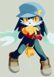  amber_eyes ambiguous_fluids anthro bandai_namco black_body bodily_fluids clothing collar domestic_cat felid feline felis footwear fur gloves handwear hat headgear headwear hi_res kemono klonoa klonoa_(series) kuroisumi long_ears looking_at_viewer male mammal mostly_nude multicolored_body multicolored_fur saliva shoes simple_background solo tongue tongue_out two_tone_body two_tone_fur video_games white_body white_fur 