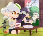  2boys 2girls :d agent_3_(splatoon) alternate_costume bare_arms bare_shoulders beard black_cape black_shorts blonde_hair blue_sky bowl callie_(splatoon) cap&#039;n_cuttlefish cape chopsticks closed_mouth cloud cousins cross-shaped_pupils day earrings eating facial_hair fang food food_on_head grandfather_and_granddaughter grey_hair grey_shirt hand_up headgear highres holding holding_bowl holding_chopsticks inkling inkling_boy isamu-ki_(yuuki) jewelry lantern long_hair marie_(splatoon) mole mole_under_eye multiple_boys multiple_girls no_lineart noodles object_on_head off-shoulder_shirt off_shoulder old old_man orange_eyes paper_lantern pointy_ears purple_hair shirt short_hair short_sleeves shorts sitting sky smile splatoon_(series) splatoon_2 splatoon_2:_octo_expansion squidbeak_splatoon tatami tentacle_hair tree yokozuwari 