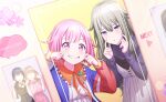  2girls asymmetrical_sleeves bangs blunt_bangs cheek_pinching colorful_palette dress dutch_angle english_text fingersmile flipped_hair grey_hair grin highres jacket kusanagi_nene light_blush long_hair long_sleeves mismatched_sleeves multiple_girls official_art ootori_emu photo_booth pinching pink_eyes pink_hair project_sekai purple_eyes purple_shirt shirt short_hair smile tsurime white_dress 