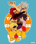  4boys amajiki_tamaki arm_up black_hair black_mask black_sleeves blue_background boku_no_hero_academia cape closed_mouth commentary_request detached_sleeves eye_mask fat_gum_(boku_no_hero_academia) food gloves grey_hair grin hair_between_eyes halftone highres holding holding_food hood hood_down hooded_jacket jacket kirishima_eijirou long_sleeves looking_at_viewer male_focus monu multiple_boys one_eye_closed open_mouth outline red_eyes red_gloves red_hair sharp_teeth short_hair simple_background smile spiked_hair takoyaki teeth tetsutetsu_tetsutetsu tongue tongue_out toothpick upper_body white_cape white_outline yellow_jacket zipper_pull_tab 