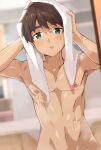  1boy after_bathing bangs bathroom blue_eyes blurry blush brown_hair depth_of_field drying drying_hair expressionless hands_up highres holding holding_towel indoors linea_alba looking_at_mirror looking_at_viewer male_focus mirror navel nipples nude original parted_lips pectorals reflection shiny shiny_skin short_hair solo standing steam stomach towel towel_on_head upper_body wet yumimoonsky 