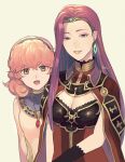  2girls :d akke blue_hairband breasts cleavage curly_hair diamond_earrings earrings fire_emblem fire_emblem_echoes:_shadows_of_valentia genny_(fire_emblem) grin hairband jewelry large_breasts long_hair looking_at_viewer multiple_girls pendant photoshop_(medium) purple_hair simple_background small_breasts smile sonya_(fire_emblem) upper_body white_background yellow_eyes 