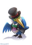  absurdres animal_focus bird black_headwear black_jacket bow bowtie buttons closed_mouth clothed_pokemon collared_shirt commentary_request cramorant dress_shirt formal full_body green_bow green_bowtie green_eyes hat hatted_pokemon highres jacket looking_down looking_to_the_side no_humans open_clothes open_jacket poke_ball_symbol pokemon pokemon_(creature) pokemon_(game) pokemon_unite purple_vest shadow shirt signature simple_background solo standing striped striped_vest top_hat twitter_username vertical-striped_vest vertical_stripes vest watagashikn white_background white_shirt 