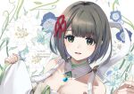  1girl :d artist_name bangs bare_shoulders bob_cut breasts brown_hair character_request cleavage dress flower fujishino_shikino green_eyes hair_ornament looking_at_viewer off-shoulder_dress off_shoulder open_mouth short_hair smile solo white_background white_dress white_flower xenoblade_chronicles_(series) xenoblade_chronicles_3 