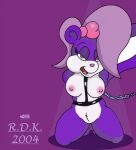  accessory anthro bdsm biped bondage bound breasts digital_drawing_(artwork) digital_media_(artwork) female fifi_la_fume hair_accessory kneeling mammal mephitid nipples nude open_mouth purple_eyes reddragonkan skunk solo teenager tiny_toon_adventures warner_brothers young 