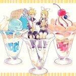  1boy 1girl arm_warmers bangs bare_shoulders black_sailor_collar black_shorts blonde_hair blue_eyes blueberry bow cherry chocolate_mint commentary cream food fruit full_body hair_bow hair_ornament hairclip hand_on_another&#039;s_face headphones holding holding_food holding_fruit ice_cream kagamine_len kagamine_rin leg_warmers letterboxed miniboy minigirl mint neckerchief necktie parfait sailor_collar school_uniform shirt short_hair short_ponytail short_shorts short_sleeves shorts sleeveless sleeveless_shirt spiked_hair spoon suzumi_(fallxalice) swept_bangs vocaloid wafer white_background white_bow white_shirt wide_shot yellow_neckerchief yellow_necktie 
