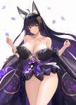  1girl absurdres animal_ears azur_lane bare_shoulders black_hair breasts cleavage cowboy_shot dido_(magicc) facial_hair fox_ears fox_girl fur-trimmed_kimono fur_trim highres japanese_clothes kimono large_breasts long_hair looking_at_viewer musashi_(azur_lane) no_panties revealing_clothes short_kimono simple_background smile solo thighs white_background 