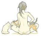  1girl back calico cat from_behind miyauchi_yuka original panties ponytail simple_background sitting sketch too_many too_many_cats topless underwear white_background white_cat 