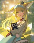  1girl animal animal_ear_fluff animal_ears animal_hug arknights azhi1997 basket black_cat blonde_hair blue_hairband blue_skirt blurry blurry_background cat commentary_request crossover depth_of_field fox_ears fox_girl fox_tail frilled_hairband frills from_side green_eyes hairband heixiu highres holding holding_basket jacket kitsune looking_at_viewer looking_to_the_side luoxiaohei multicolored_hair neck_ribbon open_mouth red_ribbon ribbon shirt skirt suzuran_(arknights) suzuran_(spring_praise)_(arknights) tail the_legend_of_luo_xiaohei two-tone_hair white_hair white_jacket white_shirt 
