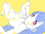  1girl blue_hair blue_nails blush breasts censored completely_nude highres looking_at_viewer matatabeat navel nude original parted_lips red_eyes simple_background solo yellow_background 