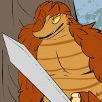  1:1 2014 anthro clothed clothing digital_drawing_(artwork) digital_media_(artwork) kobold lagotrope lizard male melee_weapon mountain_kobold muscular orange_body orange_scales pupils reptile scales scalie slit_pupils solo standing story story_at_source story_in_description sword tgchan topless weapon 