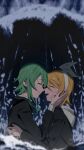  2girls arm_around_back black_jacket blonde_hair bow closed_eyes commentary face-to-face from_side green_hair gumi hair_bow hand_on_another&#039;s_face hands_up highres hood hooded_jacket hug jacket kagamine_rin multiple_girls open_mouth partially_submerged rain short_hair sidelocks smile vocaloid water_drop waves white_bow wounds404 yuri 