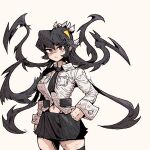  black_hair filia_(skullgirls) h_g10_10 hand_on_hip living_hair long_hair pleated_skirt red_eyes samson_(skullgirls) school_uniform skirt skullgirls thighhighs 