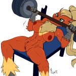  1:1 2016 4_fingers abs anthro athletic athletic_anthro athletic_female barbell bench_press blaziken blonde_hair bodily_fluids breasts chest_tuft digital_media_(artwork) exercise feathers female fingers generation_3_pokemon genitals green_eyes hair hi_res humanoid_hands lying multicolored_body multicolored_feathers muscular muscular_anthro muscular_female nintendo nipples nude on_back phuufy pokemon pokemon_(species) pokemorph ponytail pussy red_body red_feathers sandra_tucker signature simple_background solo spread_legs spreading survival_of_the_fittest sweat talons tuft two_tone_body two_tone_feathers video_games weightlifting white_background workout yellow_body yellow_feathers 