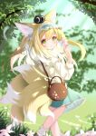  1girl animal_ears arknights bangs blonde_hair blue_flower blue_hairband blue_skirt blurry blurry_background blush branch closed_mouth commentary_request day depth_of_field flower fox_ears fox_girl fox_tail frilled_hairband frills green_eyes hair_between_eyes hairband hand_up highres holding holding_flower jacket kitsune long_hair long_sleeves multicolored_hair on_head outdoors pink_flower skirt smile socks solo suzuran_(arknights) suzuran_(spring_praise)_(arknights) tail two-tone_hair very_long_hair white_hair white_jacket white_socks yuuno_(u_no_0908) 