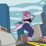  2022 angry anthro building car city clothed clothing cookybea cross-popping_vein digital_drawing_(artwork) digital_media_(artwork) female fish hair macro male mammal marine outside shark size_difference sky vehicle 