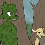  1:1 2014 ambiguous_gender anthro athletic clothed clothing digital_drawing_(artwork) digital_media_(artwork) dirty duo forest fur furred_kobold green_body green_skin horn kobold lagotrope lizard male outside plant pupils reptile scalie shirt slit_pupils standing story story_at_source story_in_description tgchan topless topwear tree zizi_(lagotrope) 