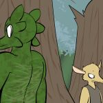  2014 ambiguous_gender anthro athletic clothed clothing digital_drawing_(artwork) digital_media_(artwork) dirty duo forest fur furred_kobold green_body green_skin horn kobold lagotrope lizard looking_away male outside plant pupils reptile scalie scar shirt slit_pupils standing story story_at_source story_in_description tgchan topless topwear tree zizi_(lagotrope) 