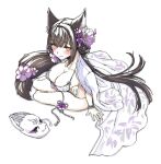  1girl animal_ears arm_support arm_under_breasts bangs bead_bracelet beads bikini bleach blush bracelet breasts brown_hair cape cleavage closed_mouth flower fox_ears fox_mask hair_flower hair_ornament highres jewelry kuroneko_(kuroneko3zizi) large_breasts long_hair looking_at_viewer making-of_available mask mask_removed simple_background sitting smile solo swimsuit thigh_strap very_long_hair wakamo_(blue_archive) wakamo_(swimsuit)_(blue_archive) white_background white_bikini yellow_eyes yokozuwari 