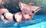  1girl all_fours animal_ear_fluff animal_ears arknights bangs bare_shoulders bikini black_bikini blurry blurry_background brown_hair closed_mouth commentary_request day depth_of_field hair_between_eyes hair_ornament hairclip highres long_hair looking_at_viewer outdoors signature smile solo sussurro_(arknights) sussurro_(summer_flowers)_(arknights) swimsuit twintails water welt_(kinsei_koutenkyoku) x_hair_ornament 