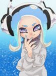  1girl blue_hair blue_skin closed_mouth colored_skin gradient gradient_background gradient_skin grey_sweater hand_up headphones isamu-ki_(yuuki) light_blue_hair long_hair long_sleeves looking_at_viewer multicolored_skin octoling octoling_girl purple_eyes smile solo splatoon_(series) suction_cups sweater tentacle_hair two-tone_skin 