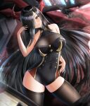  1girl azur_lane black_hair breasts brown_thighhighs buttons cleavage cleavage_cutout clothing_cutout contrapposto double-breasted dress friedrich_der_grosse_(azur_lane) gold_trim highres horns itacho_(itasha_draws) large_breasts long_hair looking_at_viewer mechanical_horns microdress non-humanoid_robot red_horns robot robot_animal see-through see-through_dress solo taut_clothes taut_dress thighhighs very_long_hair yellow_eyes 