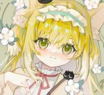  1girl animal_ear_fluff animal_ears aoyehuicusi28607 arknights bangs blonde_hair blue_hairband brown_jacket closed_mouth commentary_request flower fox_ears frilled_hairband frills green_eyes hair_between_eyes hairband hand_up heixiu highres jacket long_hair long_sleeves looking_at_viewer multicolored_hair neck_ribbon open_clothes open_jacket procreate_(medium) red_ribbon ribbon shirt smile suzuran_(arknights) suzuran_(spring_praise)_(arknights) the_legend_of_luo_xiaohei two-tone_hair white_flower white_hair white_shirt 