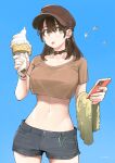  1girl bird blue_sky bracelet breasts brown_eyes brown_hair cellphone choker commentary_request cowboy_shot crop_top earrings food food_on_face hat highres holding holding_food holding_ice_cream holding_phone ice_cream ice_cream_cone jewelry jun_(seojh1029) medium_hair midriff navel original outdoors phone shorts signature sky smartphone solo sweat tongue towel 