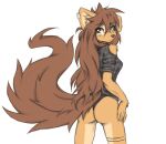  anthro apogee_(tinygaypirate) arm_tuft bare_shoulders big_tail black_nose breasts brown_body brown_eyes brown_fur brown_hair butt canid canine canis cheek_tuft clothing cowlick domestic_dog ear_piercing eyebrow_through_hair eyebrows eyelashes facial_markings facial_piercing facial_tuft female floppy_ears fur furgonomics furry-specific_piercing grey_background hair hair_over_eye hands_on_hips head_markings hi_res inner_ear_fluff long_hair looking_at_viewer looking_back mammal markings messy_hair mottled mottled_nose muzzle_piercing nose_piercing one_eye_obstructed panties piercing pink_nose raised_tail shirt simple_background slim solo spitz standing tinygaypirate topwear translucent translucent_hair tuft underwear wrist_tuft 