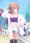  1girl bang_dream! blush breasts brown_hair city cleavage commission cowboy_shot crop_top earrings extra hand_in_own_hair hand_on_hip hand_up highres izu_(tea_value_lord) jacket jewelry looking_at_viewer midriff nail_polish navel off_shoulder outdoors pink_nails ponytail short_shorts shorts smile solo_focus star_(symbol) star_earrings white_jacket white_shorts yamabuki_saaya 