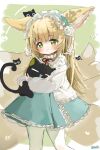  1girl :d absurdres animal animal_ears animal_hug arknights bangs black_cat blonde_hair blue_hairband blue_skirt cat closed_eyes closed_mouth commentary_request crossover feet_out_of_frame fox_ears fox_girl fox_tail frilled_hairband frills green_background green_eyes hairband heixiu highres jacket kitsune long_hair long_sleeves luoxiaohei neck_ribbon open_clothes open_jacket pantyhose puffy_long_sleeves puffy_sleeves red_ribbon ribbon s0316 shirt signature skirt sleeves_past_wrists smile suzuran_(arknights) suzuran_(spring_praise)_(arknights) tail the_legend_of_luo_xiaohei two-tone_background very_long_hair white_background white_jacket white_pantyhose white_shirt 